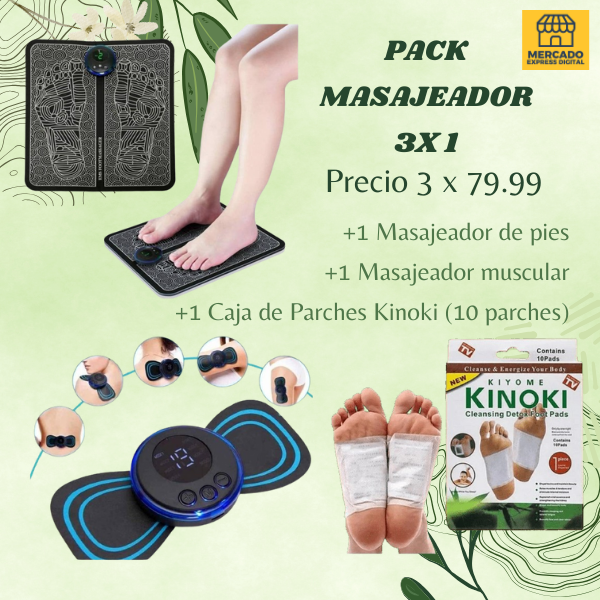 KIT MASAJEADOR 3 X 1: UN MASAJEADOR DE PIES, UN MASAJEADOR MUSCULAR Y 1 CAJA DE PARCHES KINOKI